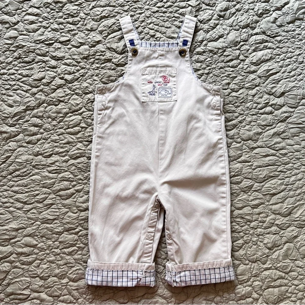 Janie & Jack Zoo Animal Overalls Baby Boys 6-12M Beige Cotton